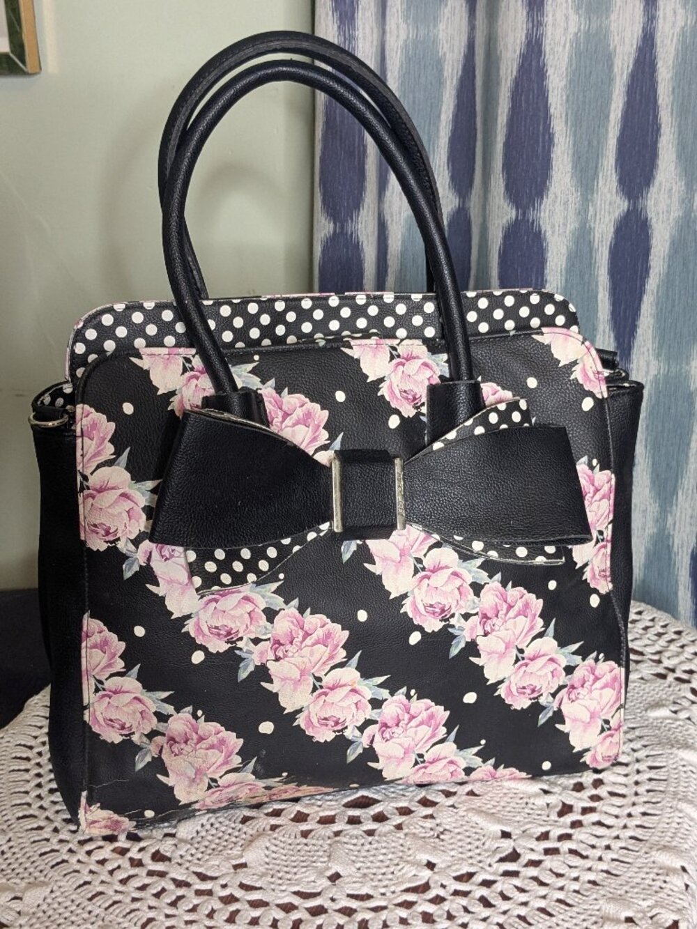Betsey Johnson Floral Polka Dot Bow Satchel Tote Purse Handbag